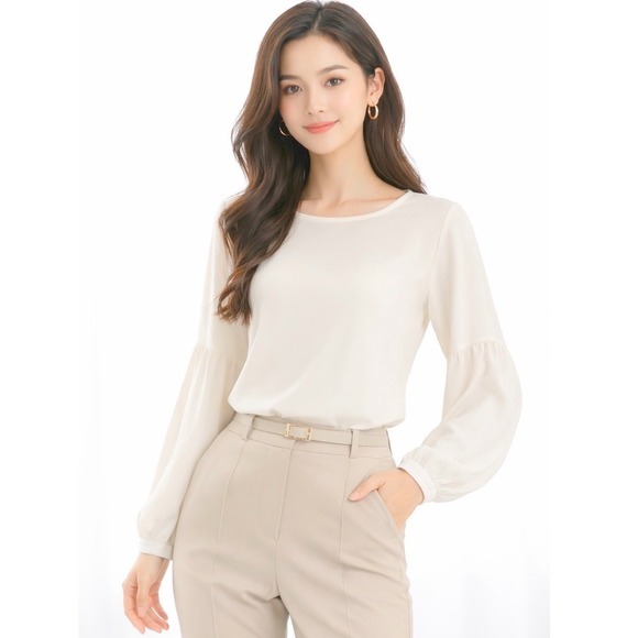 The Limited Tops - The Limited Ivory Bishop Sleeve Blouse Crew Neck Top S Soft Femininity 68-03